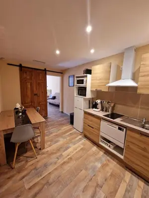 a kitchen with wooden floors and a table and a counter at Appart Hôtel Du Grand Soleil in Saint-Chinian