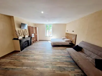 a living room with a couch and a bed at Appart Hôtel Du Grand Soleil in Saint-Chinian