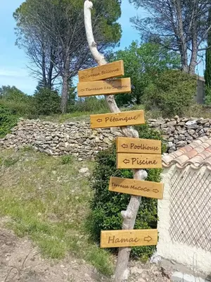 a sign with arrows pointing in different directions at MaCoCo Maison Coeur Corbieres in Fontjoncouse