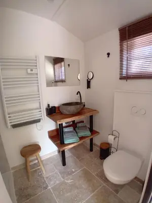 a bathroom with a sink and a toilet at MaCoCo Maison Coeur Corbieres in Fontjoncouse