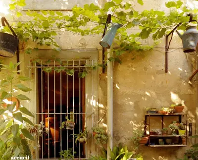 a building with a window with a metal gate at La Vigne Bleue in Olonzac