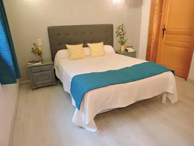 a bedroom with a large bed with two night stands at Le Moulin du Barthas in Montredon-Labessonnié
