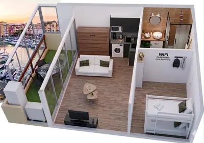 a living room with a white couch and a table at Merveilleuse Port - Piscine - Plage - Climatisation - Commerces in Gruissan