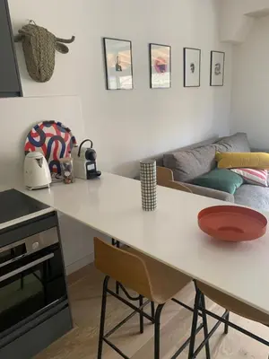 a kitchen and living room with a white counter top at Gîte au pied de la Cité Médiévale - Le 127 in Carcassonne