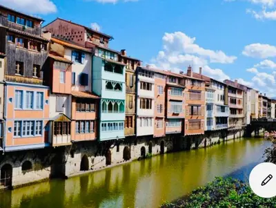 a row of colorful buildings next to a river at Maison centre historique Le Préau saint Jacques in Castres