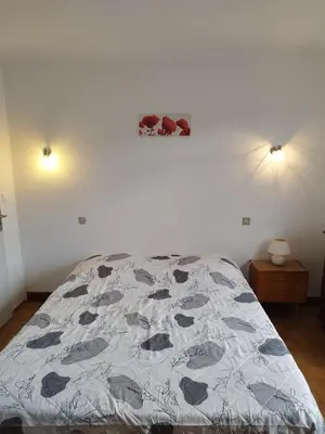 a bedroom with a bed with a blanket on it at La Maison de Raph in Villeneuve dʼOlmes