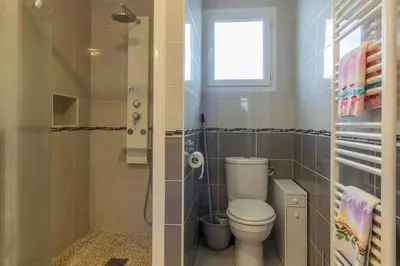 a bathroom with a toilet and a shower at Gîte à la Ferme de la Bouriette in Revel