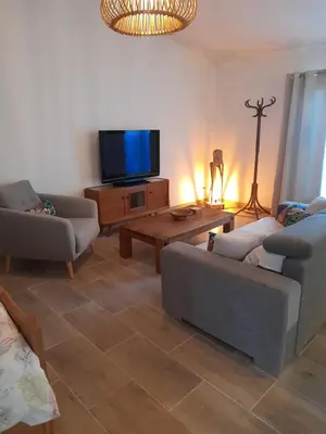 a living room with two couches and a tv at L'atelier des rêves in Capestang