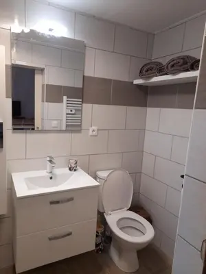 a bathroom with a toilet and a sink and a mirror at L'atelier des rêves in Capestang