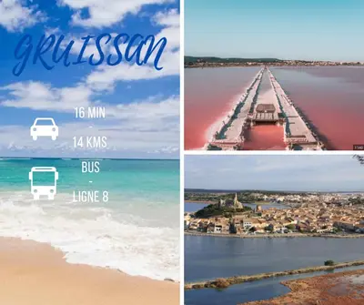 a collage of photos of a beach with a bus at Appartement Bora Bora in Narbonne