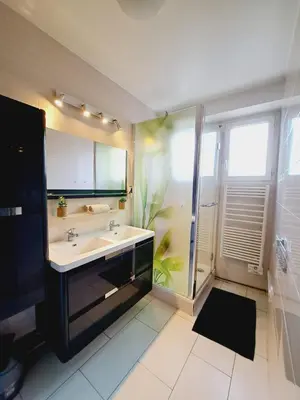 a bathroom with a sink and a shower at Appartement Bora Bora in Narbonne