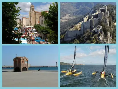 a group of four pictures of a beach and a city at Appartement spacieux avec grand patio, 1er étage in Sigean