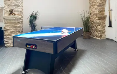 a pool table with a ball on top of it at Stunning Home In Pardailhan in Pardailhan