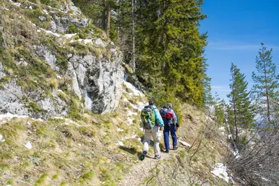 two people walking on a trail on a mountain at Lovely Renovated Cottage in Puivert in Puivert