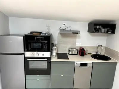 a small kitchen with a stove and a sink at Le Cosy Grenier de Pauline et Flo in Cessenon