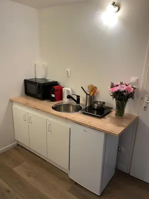 a kitchen counter with a sink and a microwave at Abrilove in Castres