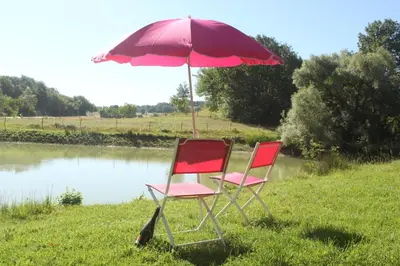two chairs and an umbrella next to a pond at Gîte - La Couderquié in Lautrec
