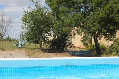 a swimming pool in a yard with trees at Gîte - La Couderquié in Lautrec