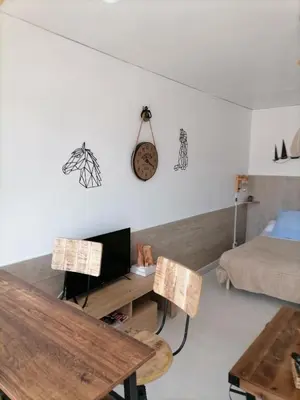 a living room with a table and a bed at PALMA 3 in Port-la-Nouvelle