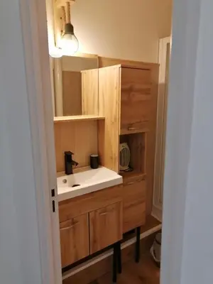 a bathroom with a sink and a mirror at PALMA 3 in Port-la-Nouvelle