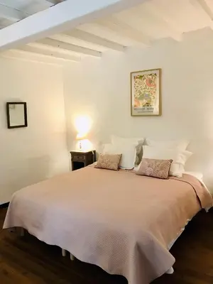 a white bedroom with a large bed with two pillows at Gîte des Canelles in Villespy