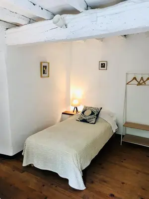 a bedroom with a bed in a white room at Gîte des Canelles in Villespy