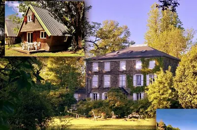 a collage of three pictures of a house at Chalet dans le parc d'un manoir du XIXème in Anglès