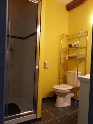 a bathroom with a toilet and a glass shower at Millot Conilhac in Conilhac-Corbières