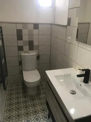 a bathroom with a white toilet and a sink at Douceur occitane in Saint-Chinian