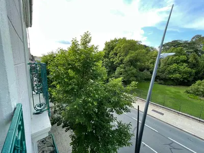 a window of a building with a tree and a street at Studio Le Cilaos, au cœur de Castres in Castres