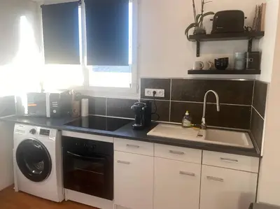 a kitchen with a sink and a washing machine at Proche des plages - Beau T2 climatisé in Narbonne