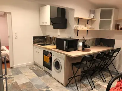 a kitchen with a sink and a washing machine at Charmant T2 climatisé - Près des plages in Narbonne