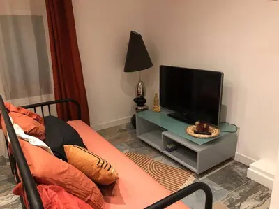 a bedroom with a bed and a tv on a table at Charmant T2 climatisé - Près des plages in Narbonne