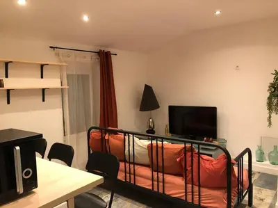 a room with a bed with a television and a couch at Charmant T2 climatisé - Près des plages in Narbonne