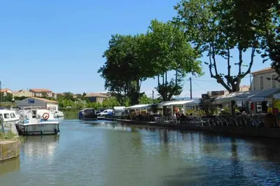 a river with a group ofocked boats in a town at Chez Gaëlle in Trèbes