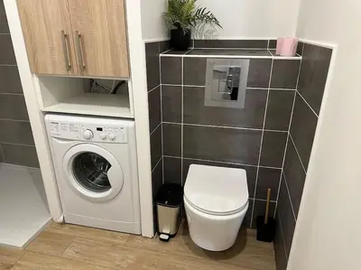 a small bathroom with a toilet and a washing machine at Chez Gaëlle in Trèbes