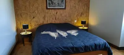 a bedroom with a bed with a blue comforter and two lamps at demeure de charme in Mazères