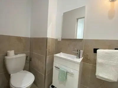 a bathroom with a toilet and a sink and a mirror at Mon petit studio à la mer in Gruissan