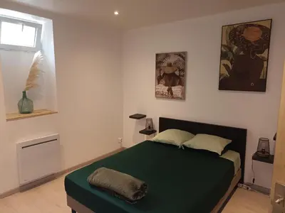 a bedroom with a green bed in a room at Location de vacances à Quarante Gîte de la cave Szymczak in Quarante