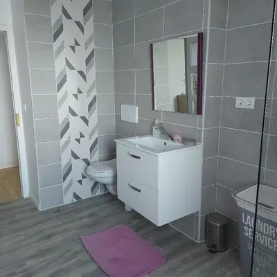 a bathroom with a sink and a toilet and a mirror at Charmant appartement proche Carcassonne in Escueillens