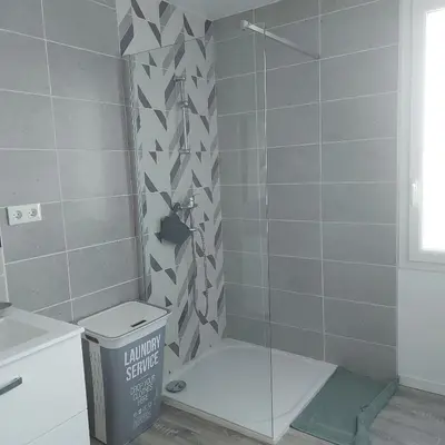 a bathroom with a shower with a toilet and a sink at Charmant appartement proche Carcassonne in Escueillens
