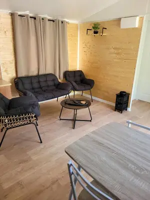 a living room with couches and a table at Mobil home de Patricia et Franck à Sigean in Sigean