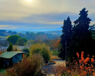 a view of a garden with trees and a house at Rue Basse - village house overlooking the Pyrenees in Montréal