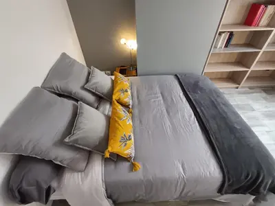 a grey leather couch with a yellow pillow on it at Maison Magnolia in Marcorignan
