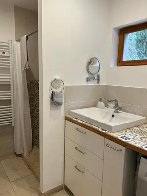 a bathroom with a sink and a shower at Lodge with private pool surrounded by vineyards in Azille