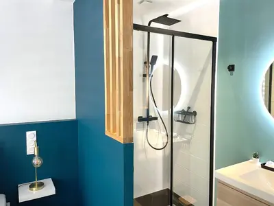 a bathroom with a shower and a sink at L'intemporel - Grand T2 Confort en Hypercentre in Castres