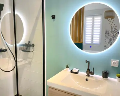 a bathroom with a sink and a mirror at L'intemporel - Grand T2 Confort en Hypercentre in Castres