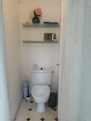 a bathroom with a toilet in a small room at Les Toiles du Figuier in Espéraza