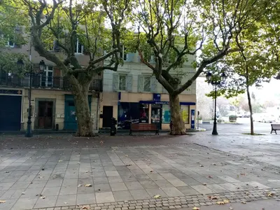 two trees on a sidewalk in front of a building at Les Toiles du Figuier in Espéraza