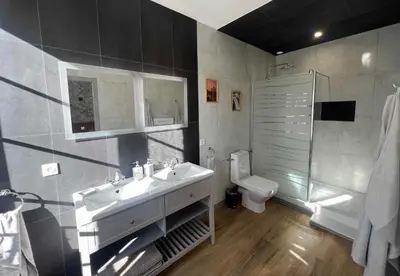 a bathroom with a sink and a toilet at Superbe Villa avec piscine, 4 chambres à Vinassan in Vinassan